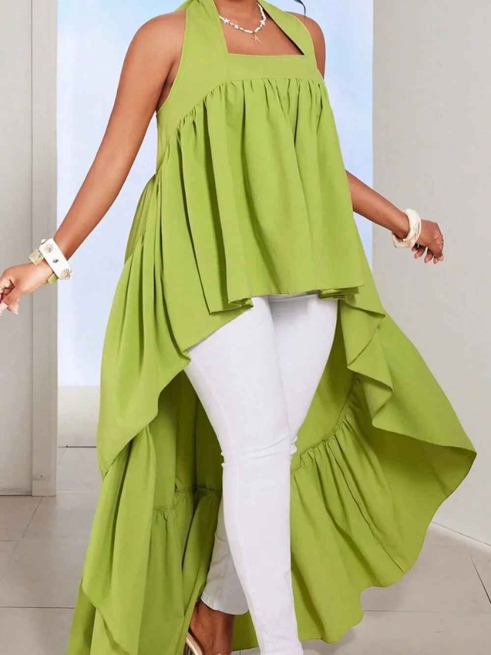 Green Casual Women's Plus Size Pleated Tie Neck Long Shirt
